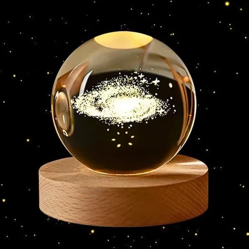 Luminária Bola De Cristal 3d Galáxia Com Base De Madeira Led Madeira Pinus Galaxia 127/220v — imagem principal